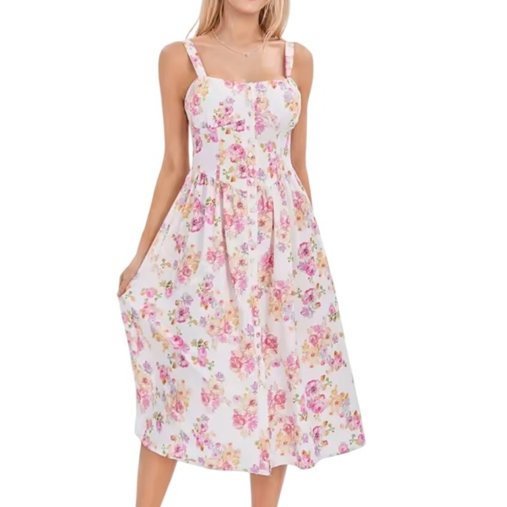 Floral Midi Dress Sundress Cottagecore Button Front‎ Sleeveless Summer Dress